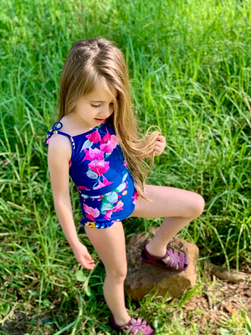 Girls Fleur Singlet Style One piece swimsuit with tie up shoulders by Plivati Swimwear Children's collection