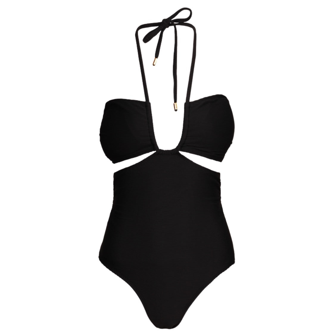 Black cut out style tie up versatile one piece 5 way swimsuit in ribbed fabric.