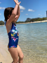 Girls Fleur Singlet Style One piece swimsuit with tie up shoulders by Plivati Swimwear Children's collection